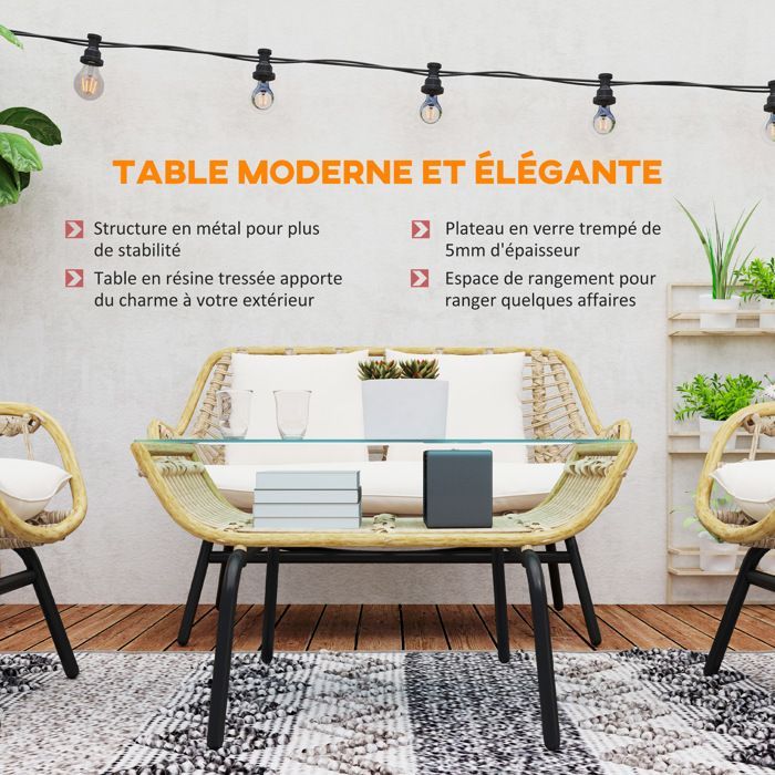 Outsunny - Conjunto de muebles de jardín - Resina tejida - 118x69x73cm - Beige