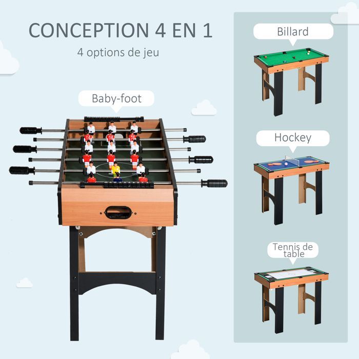 4-in-1 multi-game tafel: tafelvoetbal, biljart, airhockey, pingpong, met houten accessoires, 92L x 78B x 80H cm