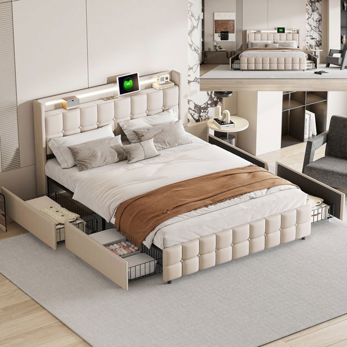 Cama de 160x200 cm con iluminación LED y 4 cajones, cama Queen de 160x200 cm con somier de láminas y puerto USB, cama para adultos en tela de lino, color beige.