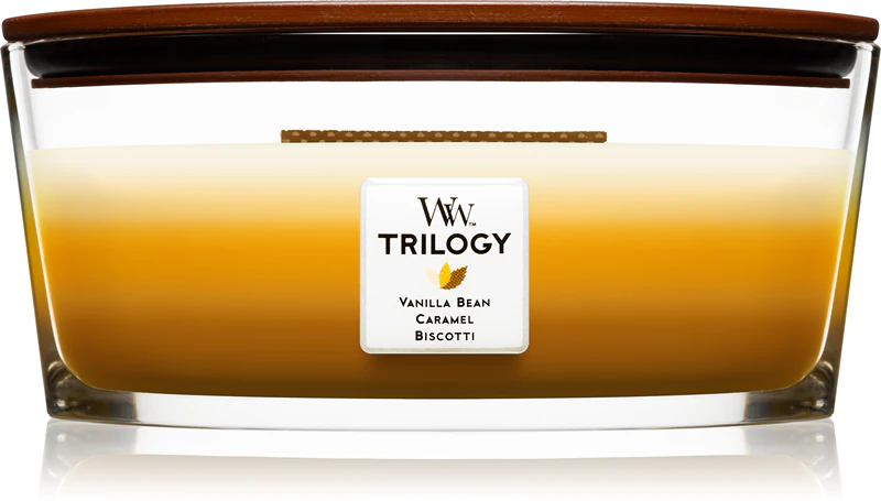 Woodwick Trilogy Café Sweets geurkaars met houten lont (haardlont)