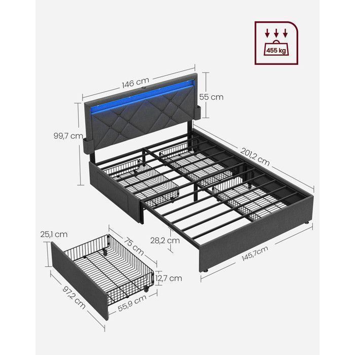 Lit Complet Double, 140 x 190 cm, avec LED, 4 Tiroirs, Multiprise, Tête de Lit Ajustable, Pas Besoin de Sommier, Gris et Noir