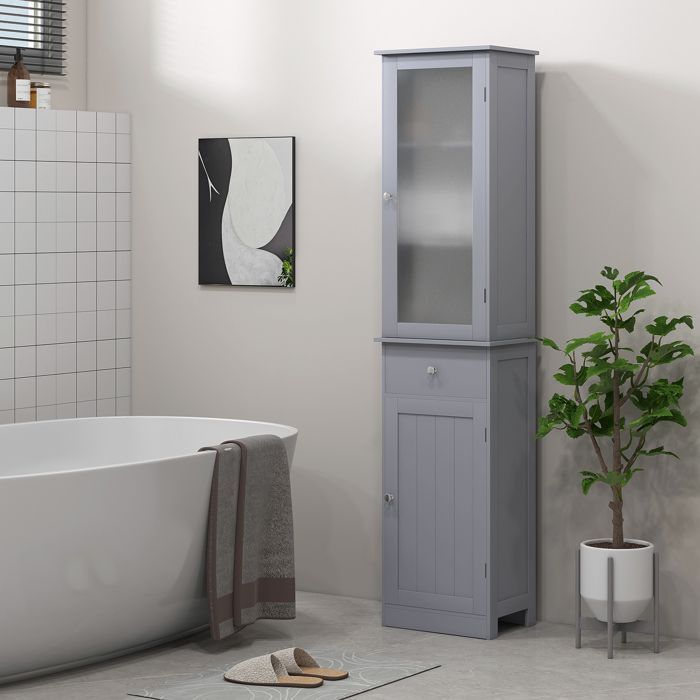 Meuble Colonne de Salle de Bain kleankin Placard Porte Acrylique 2 étagères Placard Porte 1 étagère tiroir MDF Gris