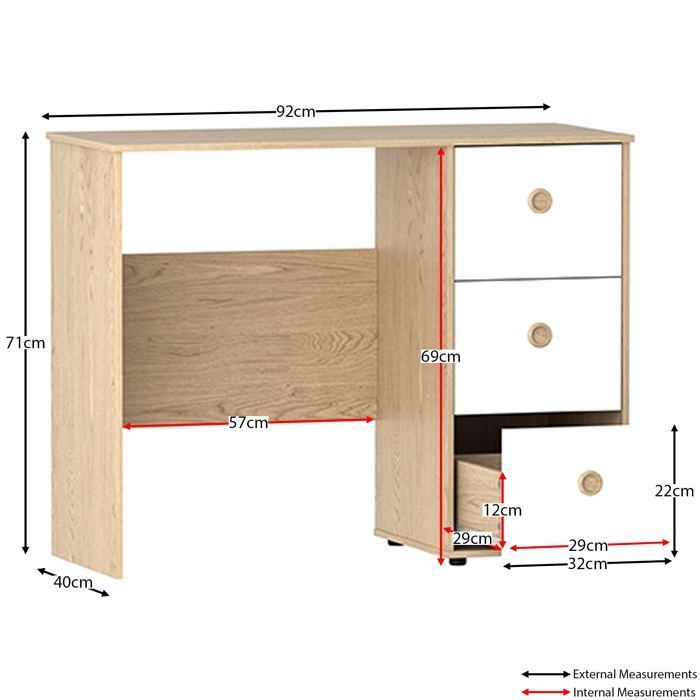 Schreibtisch „Neptune“ mit 3 Schubladen, Weiß & Eiche, Computertisch/Schminktisch für PC/Laptop, Schreibtisch fürs Homeoffice, Kindermöbel