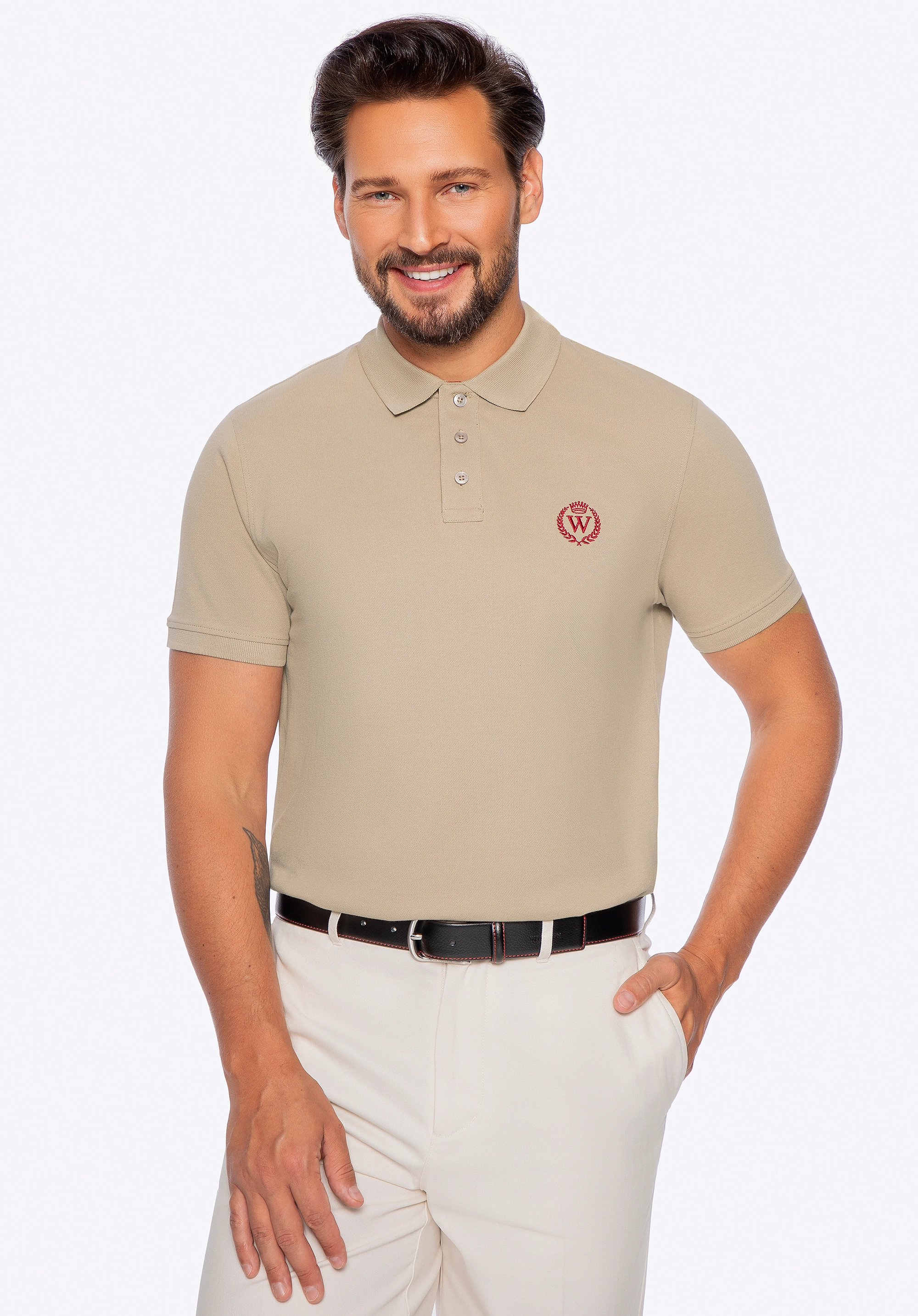 Koszulka polo męska bawełniana z kolorowym logo beżowa