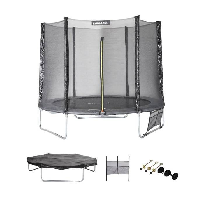 250cm trampoline. Grey. With safety net, cover, shoe net, and anchoring kit.