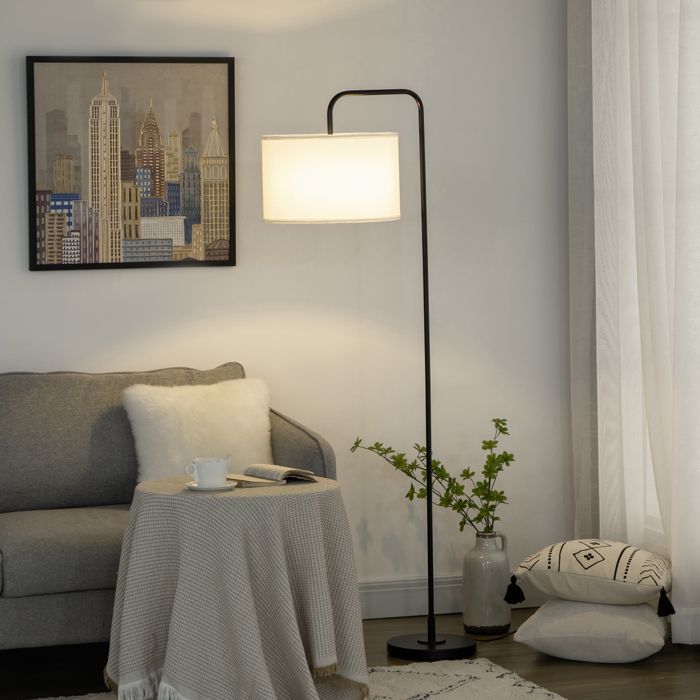 Stehlampe fürs Wohnzimmer – Wohnzimmerlampe – HOMCOM – Lampenschirm aus Leinen, Fußschalter, Leselampe – Metall – schwarz-weiß