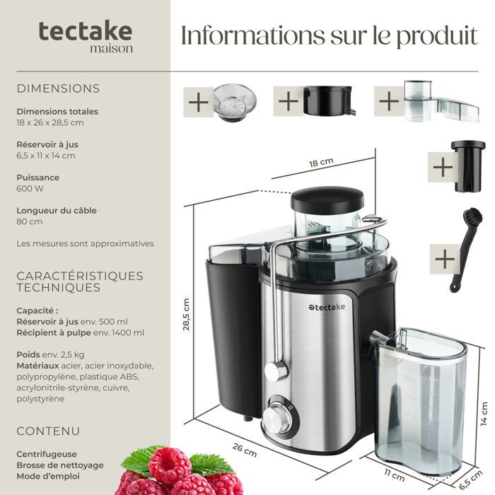 Centrifugeuse - TECTAKE - Extracteur de jus FRUFI en acier inoxydable à 2 vitesses 600W max 500ml