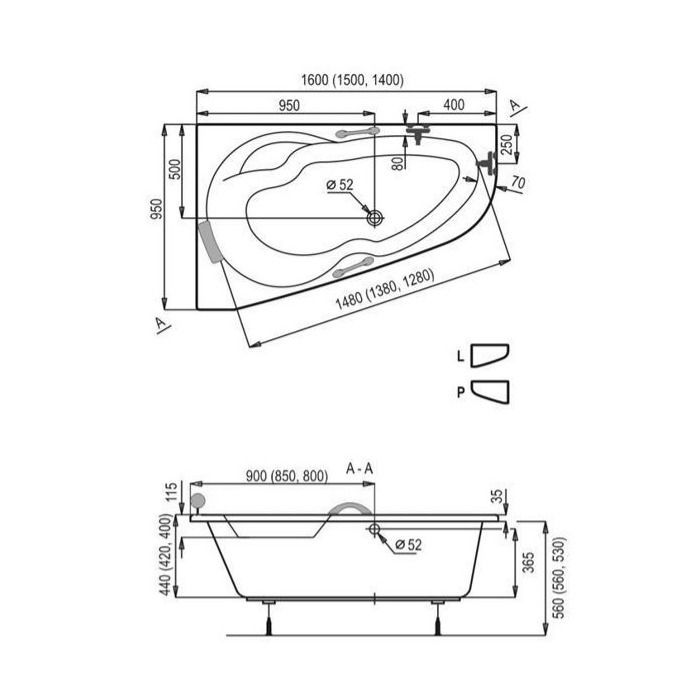 Siko - 160 x 95 cm Luiza left-hand corner acrylic bathtub, without feet, white (LU1600L)
