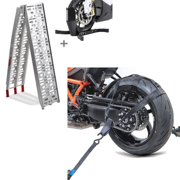 Set: Rampe de chargement CS1 + bloque roue Easy Plus + Ceinture d'arrimage noir