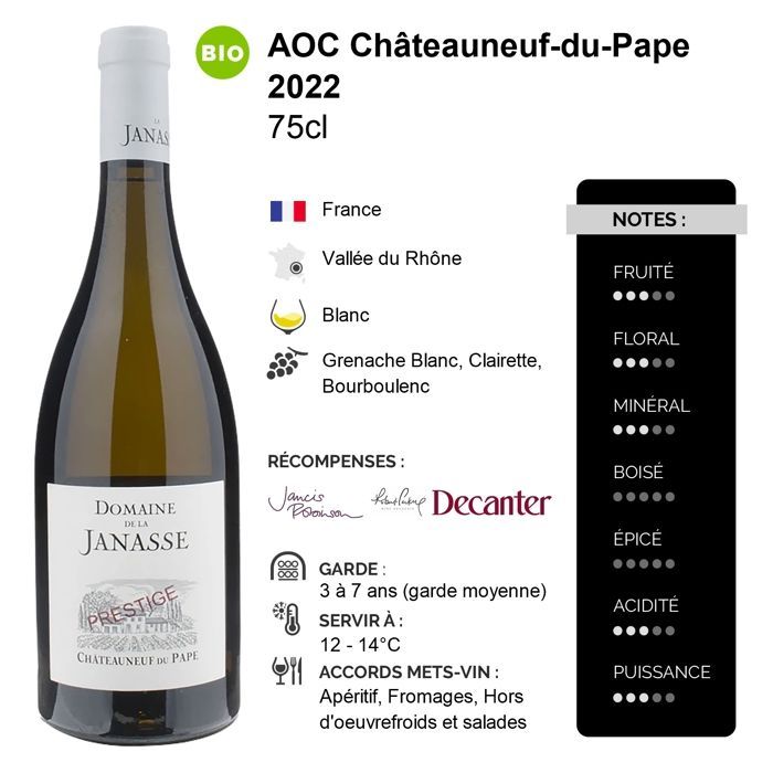Domaine de la Janasse Châteauneuf-du-Pape Prestige 2022 - Vinho Branco do Vale do Ródano (3 x 75cl) Orgânico