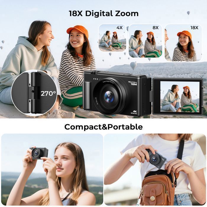 Cámara digital compacta JEEMAK 4K de 72 MP, cámara de vídeo con enfoque automático, pantalla giratoria de 2,8