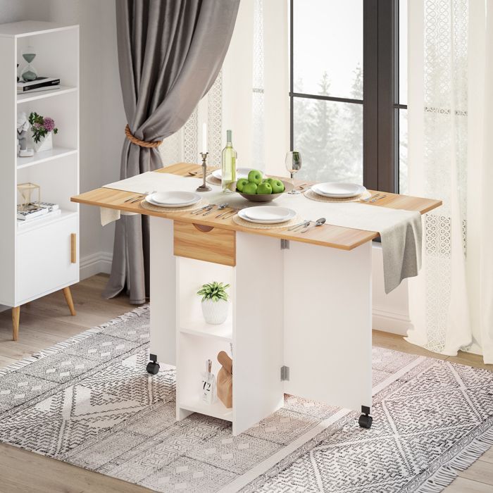 Mesa de comedor plegable Mondeer, mesa plegable con 1 cajón y 2 estantes, mesa de cocina para espacios pequeños, roble rojo y blanco.