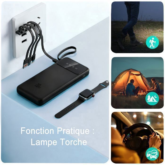 Batterie Externe 20000mAh Power Bank avec 4 Câbles Intégrés Chargeur Portable 5 Sorties et 2 Entrées avec Écran LED et Lampe