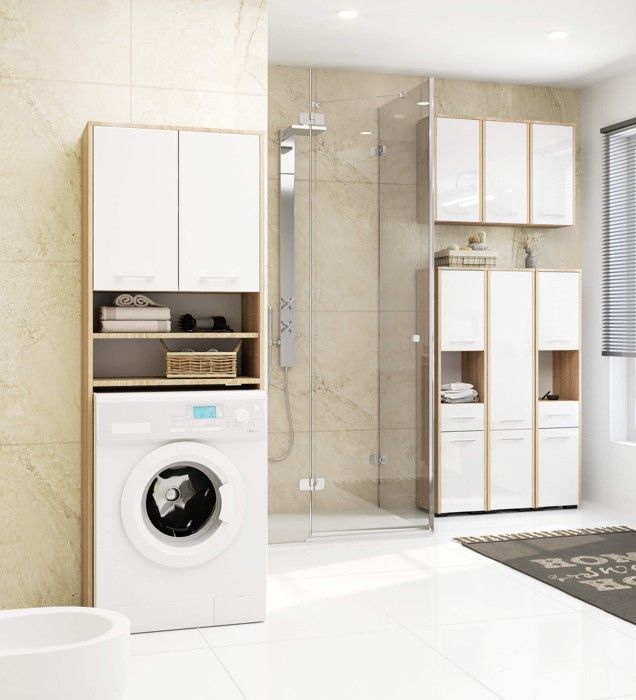 Mueble para lavadora 64x30x180cm - Muebles de baño - Mueble de almacenamiento para lavadero con 2 puertas y 4 estantes - Roble Sonoma + Laca blanca