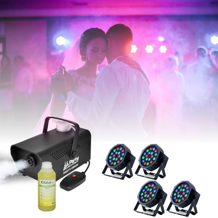 Party Light & Sound Lighting Kit with 4 RGB PAR Projectors, 2 Astro Strobe Gobo Lighting Effects, and a 1L Liquid Fog Machine