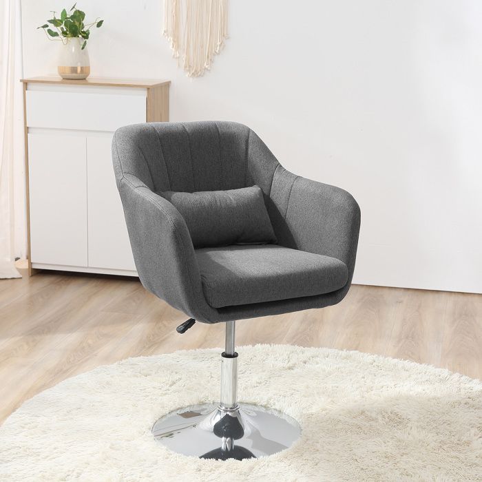 Sillón HOMCOM - Diseño de confort superior - Cojines lumbares - Altura regulable - Giro de 360° - Base de metal cromado - Gris lino