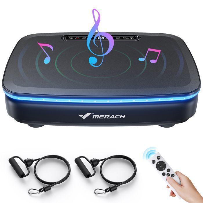 MERACH moottoroitu tärinälevy, 9 ohjelmaa, 99 nopeutta, kaukosäädin, Bluetooth, LED-näyttö, liukumaton, 150 kg max, musta