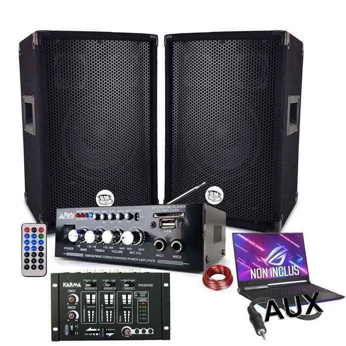 600W PA system package, Bluetooth USB amplifier + 2 x 300W speakers + USB mixer, complete cabling, PA DJ sound system for parties, home, bar