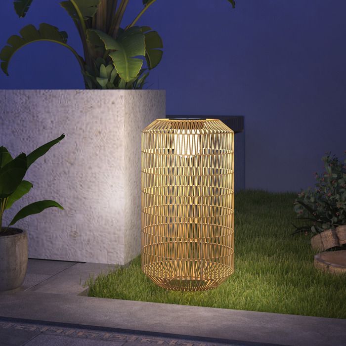 Lampada da terra solare per esterni Outsunny in resina intrecciata - ricaricabile - con sensore di luce - stile boho - 55 cm - gialla