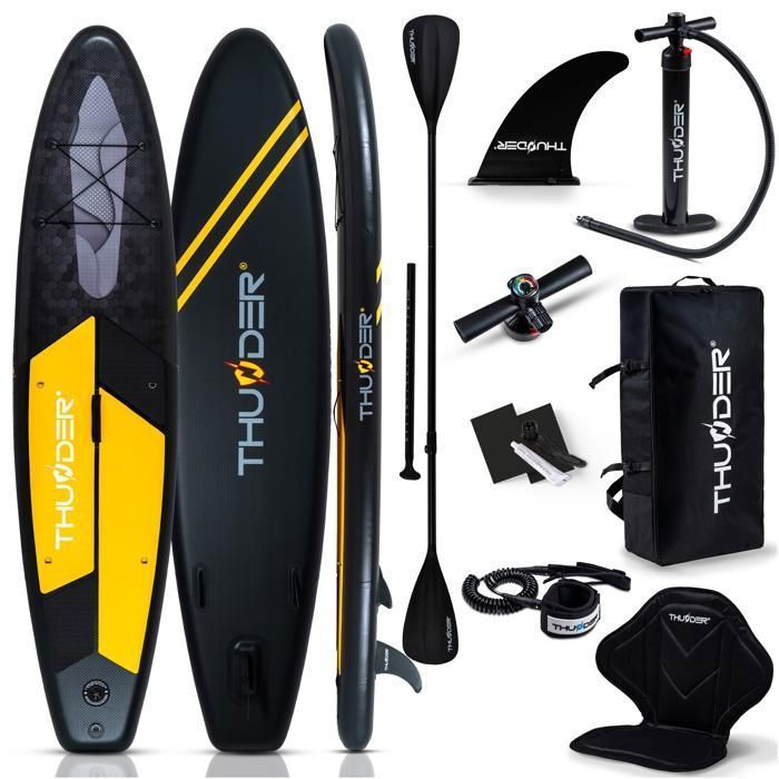Tabla de paddle surf hinchable THUNDER® para travesías | Accesorios completos | 320 cm | PVC | Estilo RAVEN | Negro