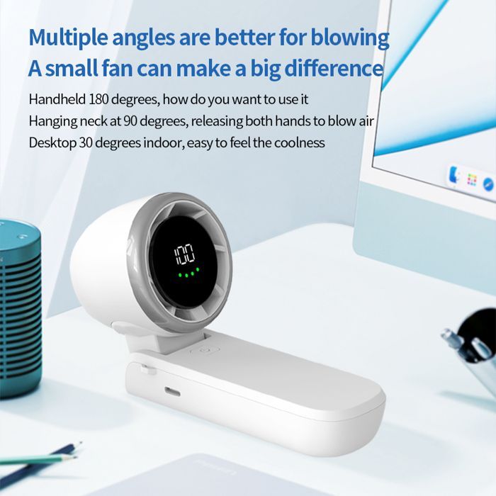 Mini ventilador portátil de mano con velocidad ajustable, batería recargable y pantalla LED para hombres y mujeres, ideal para viajes y acampadas.