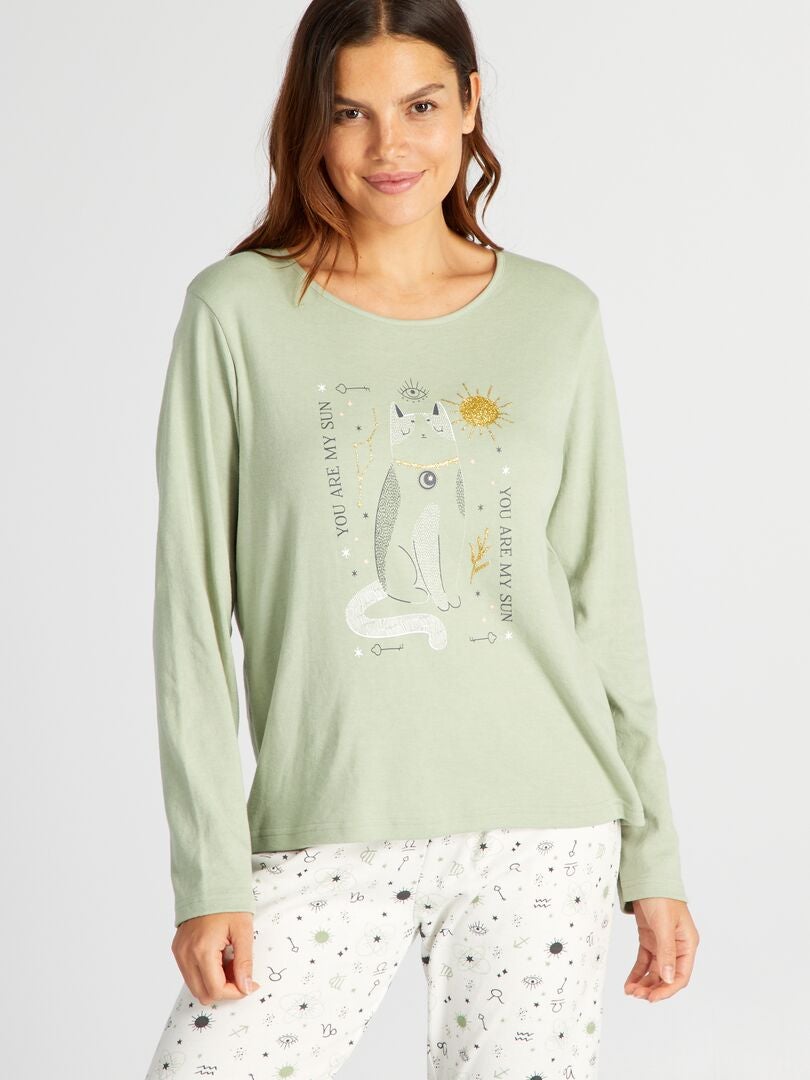 Conjunto de pijama comprido com camiseta e calça de malha - 2 peças - verde/branco