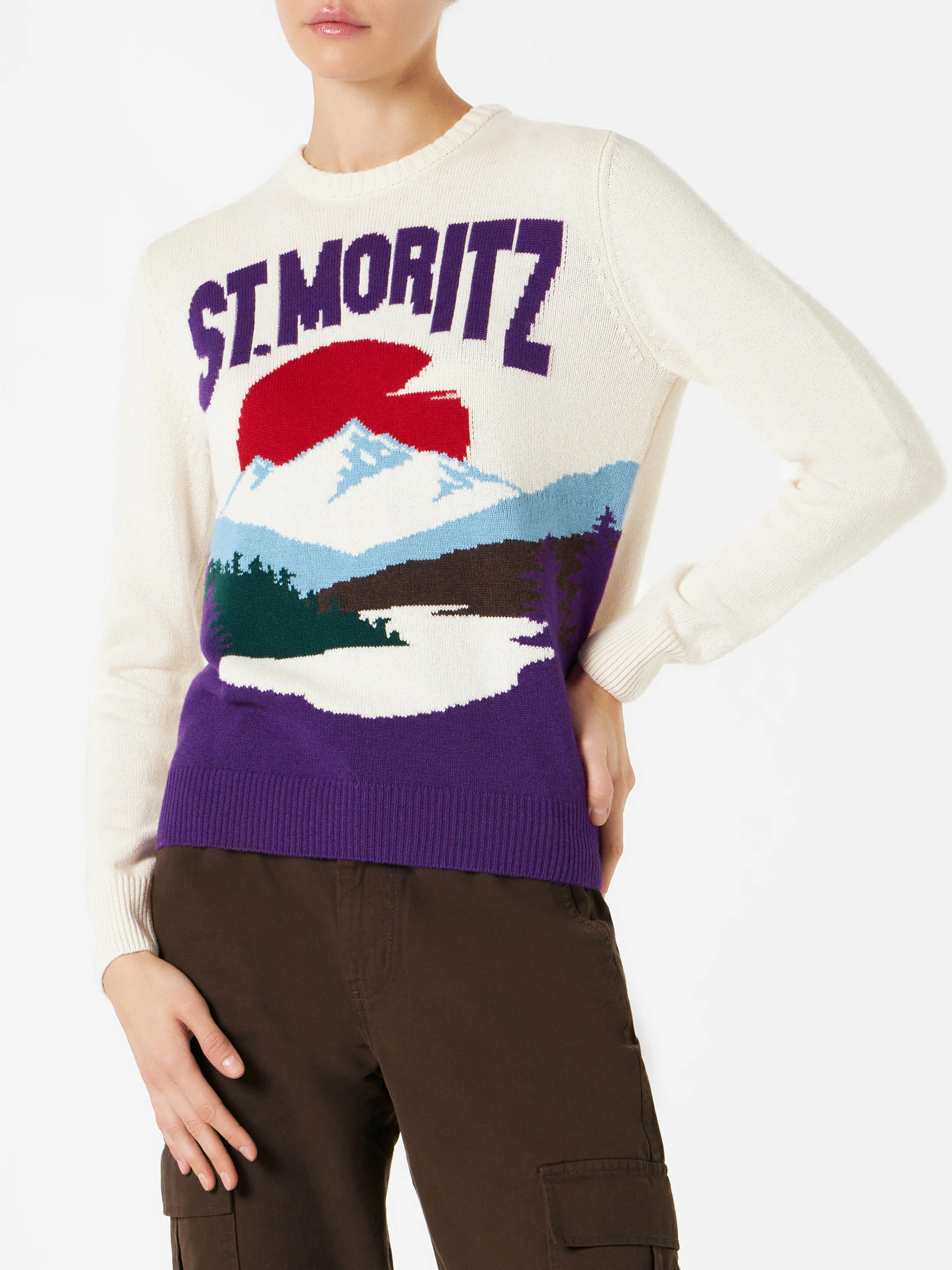 Damenpullover mit Rundhalsausschnitt und St. Moritz-Logo