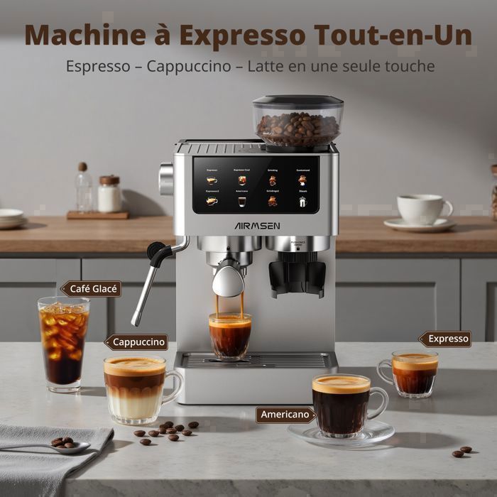 AIRMSEN Machine à Café avec Broyeur – Machine à Café Expresso avec Mousseur à Lait, 20 Bars Inox, Cappuccino, Latte, Café Glacé