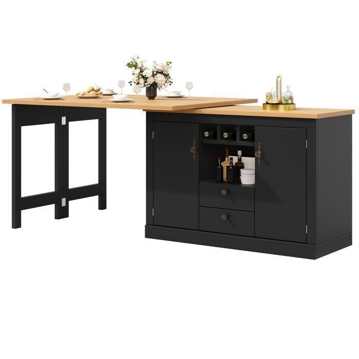 Extendable Black Kitchen Island 120-180 cm with Storage and Bottle Rack, 360° Swivel Dining Table, High Table