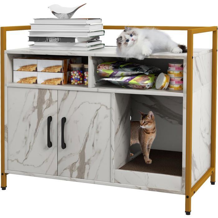 GIANTEX Katzentoilettenschrank, 89 x 45 x 74,5 cm, Katzentoilettenhaus mit 2 Türen, Stahlrahmen mit Kratzbaum für Katzen