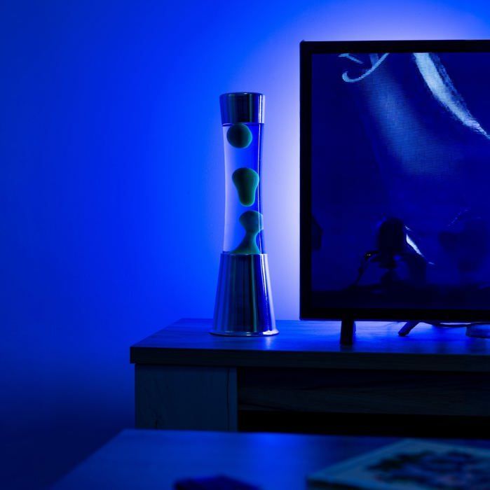Lampe à lave - FISURA - Lampe à lave bleu - Base chromée - Ampoule de rechange - 11 x 11 x 39,5 cm