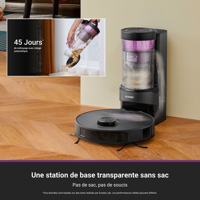 Eureka E20 Plus Gen2 Aspirateur Robot 8000 Pa avec Station sans Sac, Anti Enchevêtrement, Autonomie 180 Mins, Noir