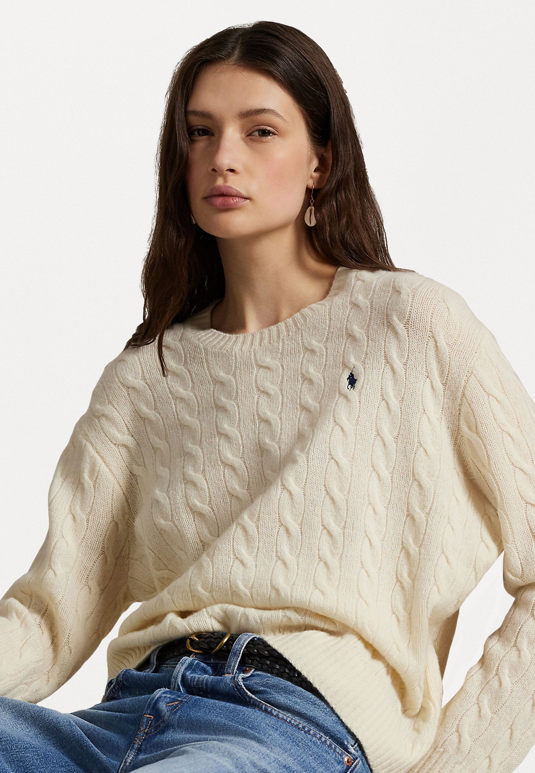 Polo Ralph Lauren CABLE WOOL CASHMERE CREWNECKÝ SVETER - Sveter - tmavomodrá