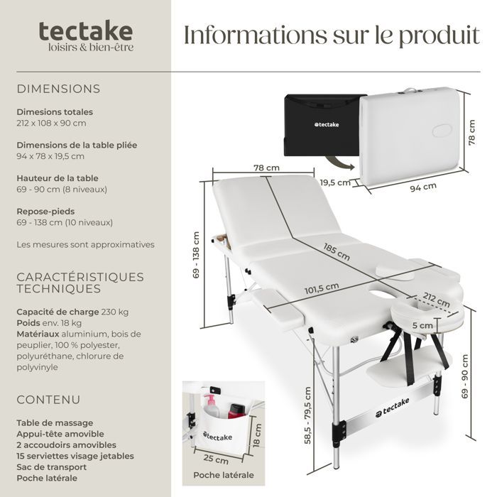 Camilla de masaje - TECTAKE - Camilla de tratamiento plegable con 3 secciones regulables en altura, 212 x 108 x 90 cm - Blanca