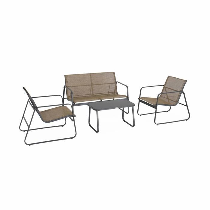 Set di mobili da giardino in metallo e textilene per 4 persone. Antracite e naturale. Design