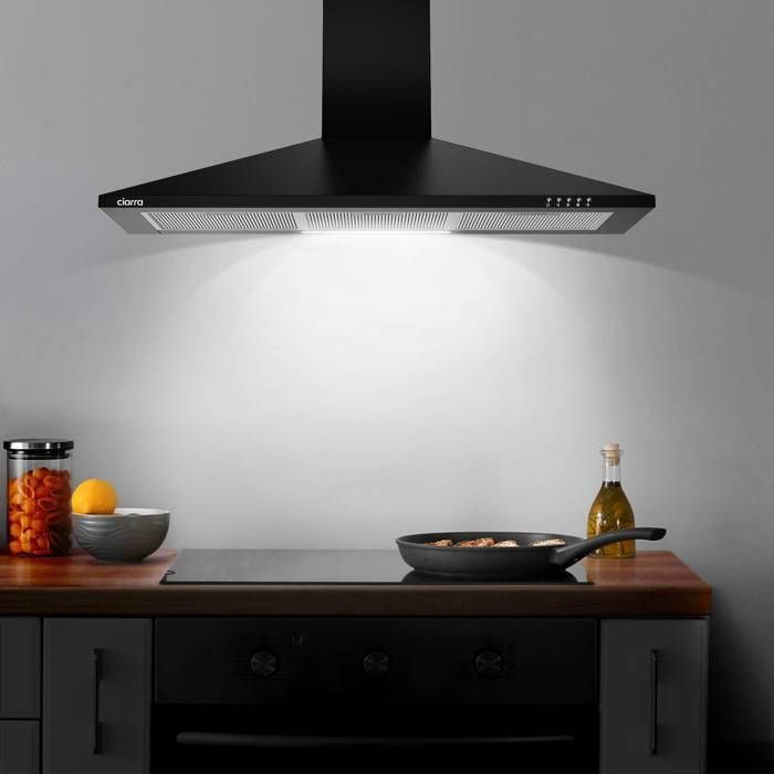 CIARRA 90cm A++ Cooker Hood, 370 m³/h, 3 Speeds, 2 Active Filters, Recirculation or Extraction, Air Filter, Black