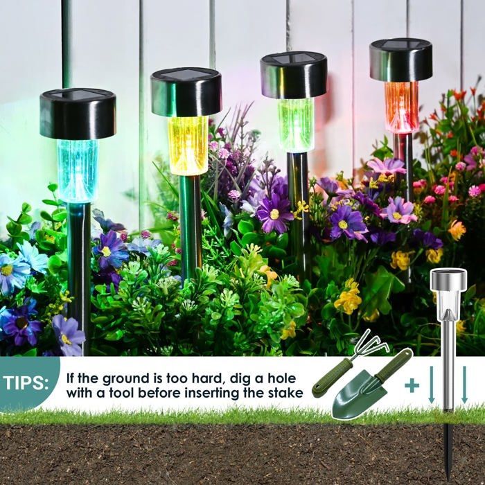 Set di 12 luci solari da giardino IP65 in acciaio inossidabile con LED multicolore – 36 cm, da piantare