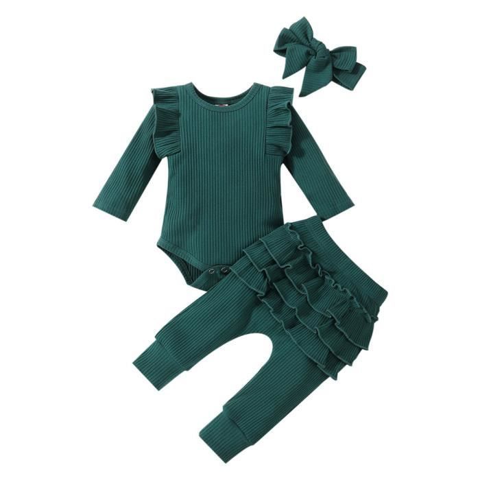 Conjunto de 3 piezas para bebé niña con encaje de volantes en algodón: body + pantalón + diadema, verde