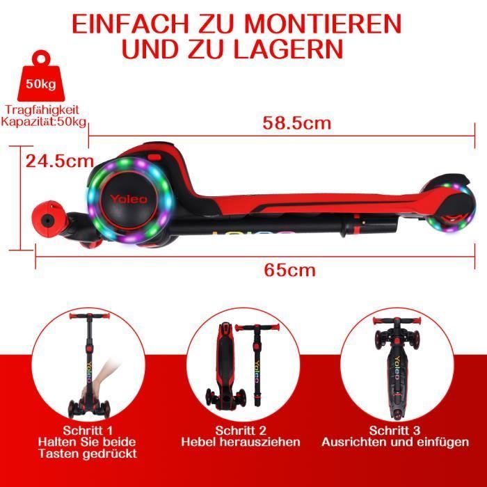Monopattino pieghevole a 3 ruote YOLEO per bambini, regolabile su 4 livelli, regalo di Natale/compleanno, nero