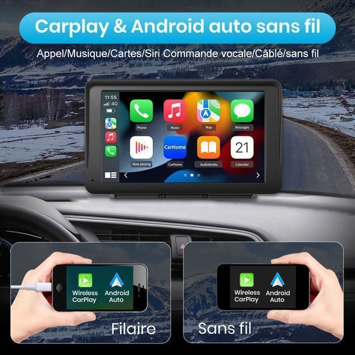 AWESAFE Sistema GPS wireless per auto con CarPlay, Android Auto e AirPlay, dotato di touchscreen HD da 7 pollici e telecomando PhoneLink.