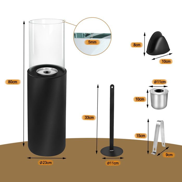 Aufun Bioethanol fireplace on stand 80x23x23 cm, for indoor, outdoor, beautiful flames, floor, terrace, round.