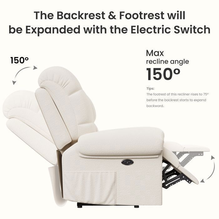 Poltrona reclinabile elettrica regolabile in velluto, ideale per il soggiorno, con porta USB, colore beige.
