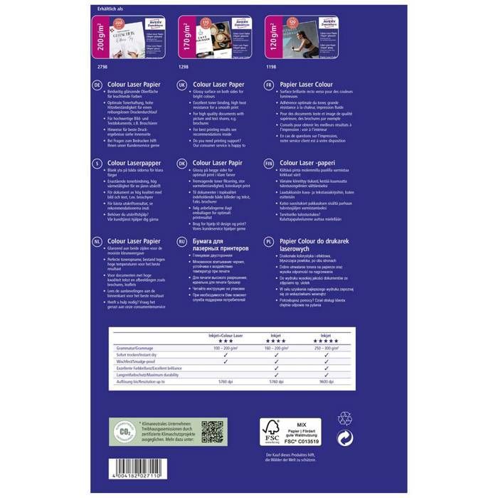 Avery Zweckform 1298 fotopapier A4, 170 g, voor- en achterzijde, geschikt voor kleurenlaserprinters - Pak van 200 vellen