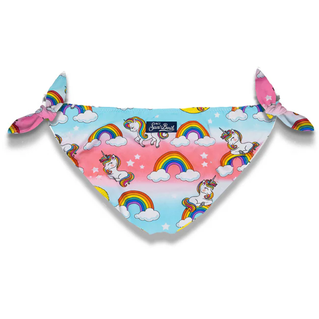Braguitas de baño para niñas con estampado de unicornios y arcoíris.
