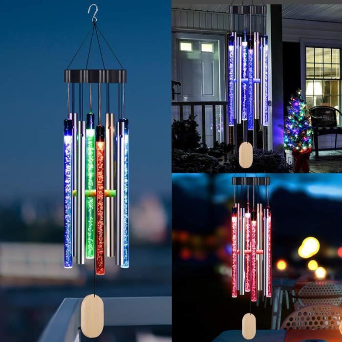 Carillon de vent de musique solaire étanche, lampe de carillon de vent de colonne de bulle de tube en aluminium, couleur variable