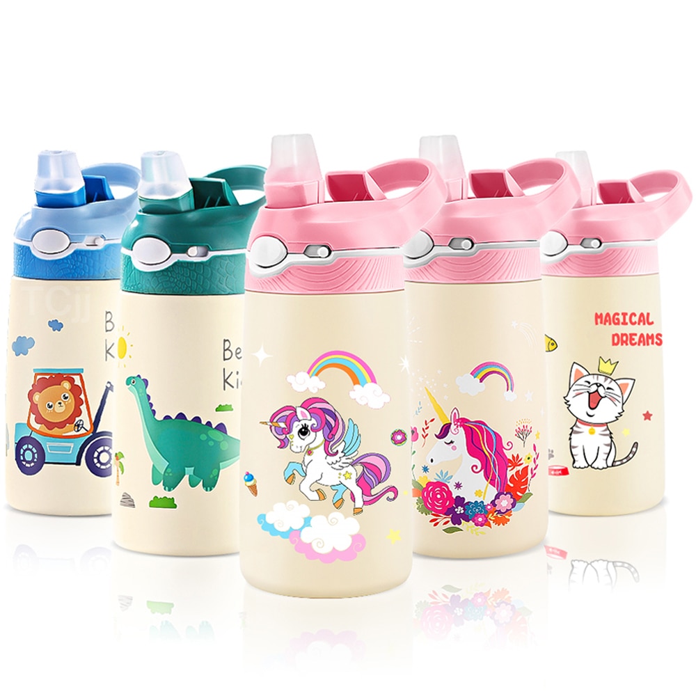 400-ml-Trinkflasche mit Cartoon-Motiv für Kinder, niedlicher Kinderbecher mit Strohhalm, Edelstahl-Vakuumflasche, Thermosflasche, Thermobecher