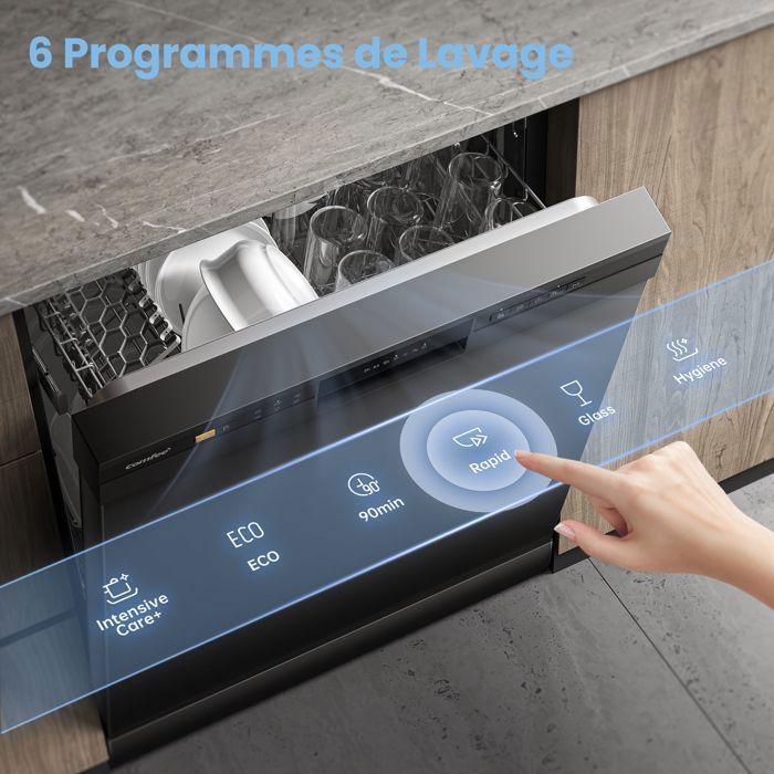 COMFEE Lave-Vaisselle Pose Libre 60cm, 49dB avec 12 couverts, Hygiene Lavage, Dpart Diffr, Demi-Charge - Noir Energy Class D