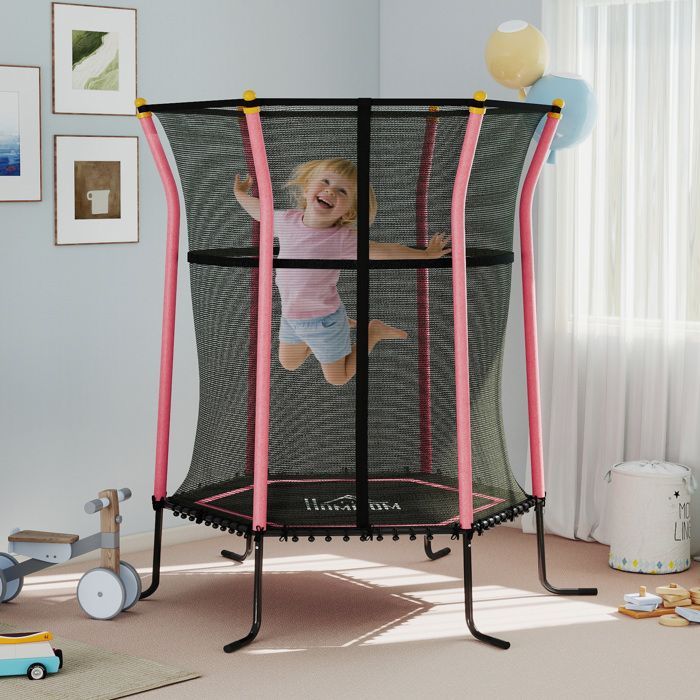 Children's trampoline - HOMCOM - Ø 1.63 x 1.9 m, safety net, zipped door, 6 poles - steel - pink/black