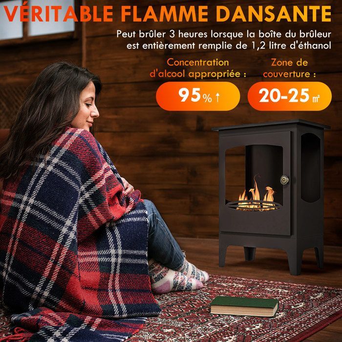 Chimenea de bioetanol independiente - HOMCOM - con depósito de 1,2 L - cubre de 20 a 25 m² - 39 x 26 x 54 cm - negra