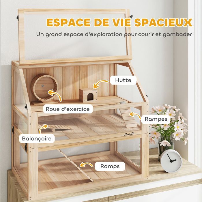Houten hamsterkooi - knaagdierenkooi - PawHut - 3 verdiepingen met verwijderbare bodem, schuilplaats, schommel - 80x50x76cm - natuurlijke houtafwerking
